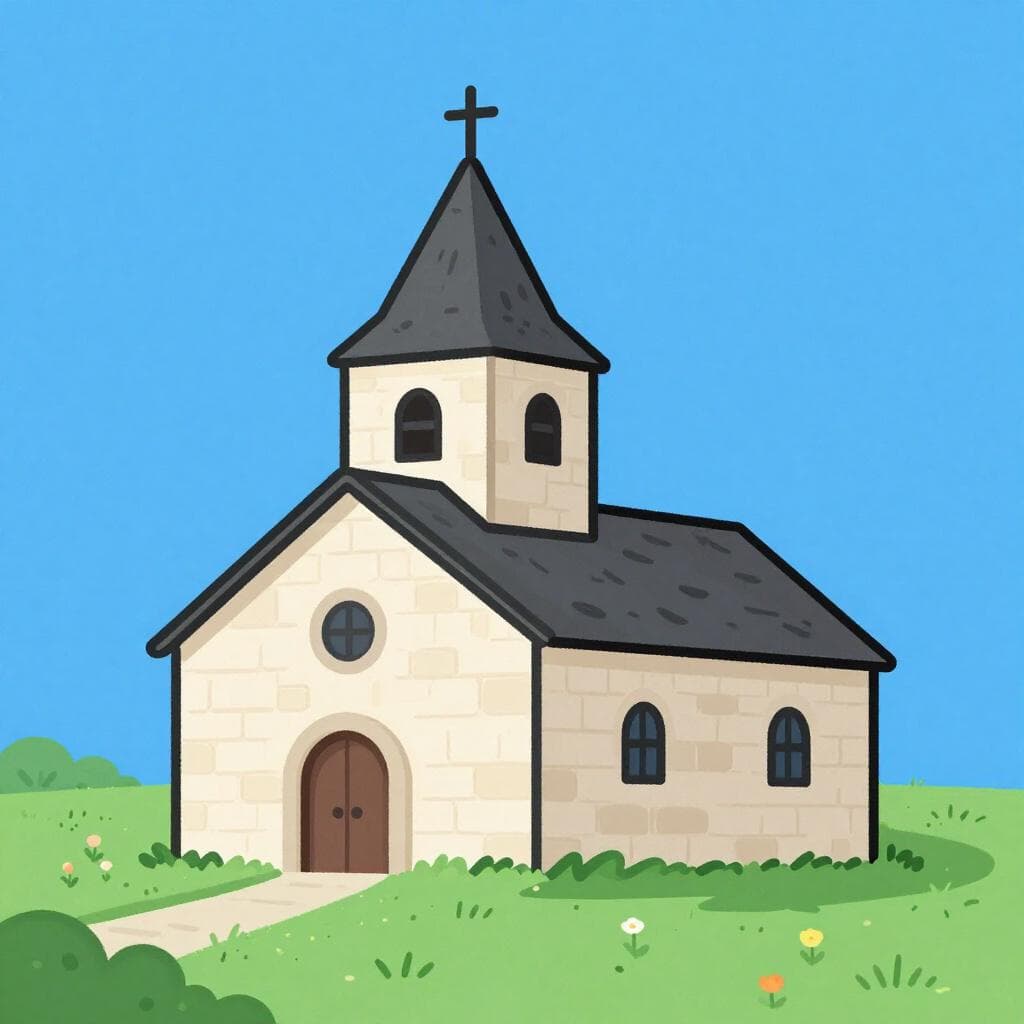 Een eenvoudige stenen kerk met een kruis erop tegen een blauwe lucht.