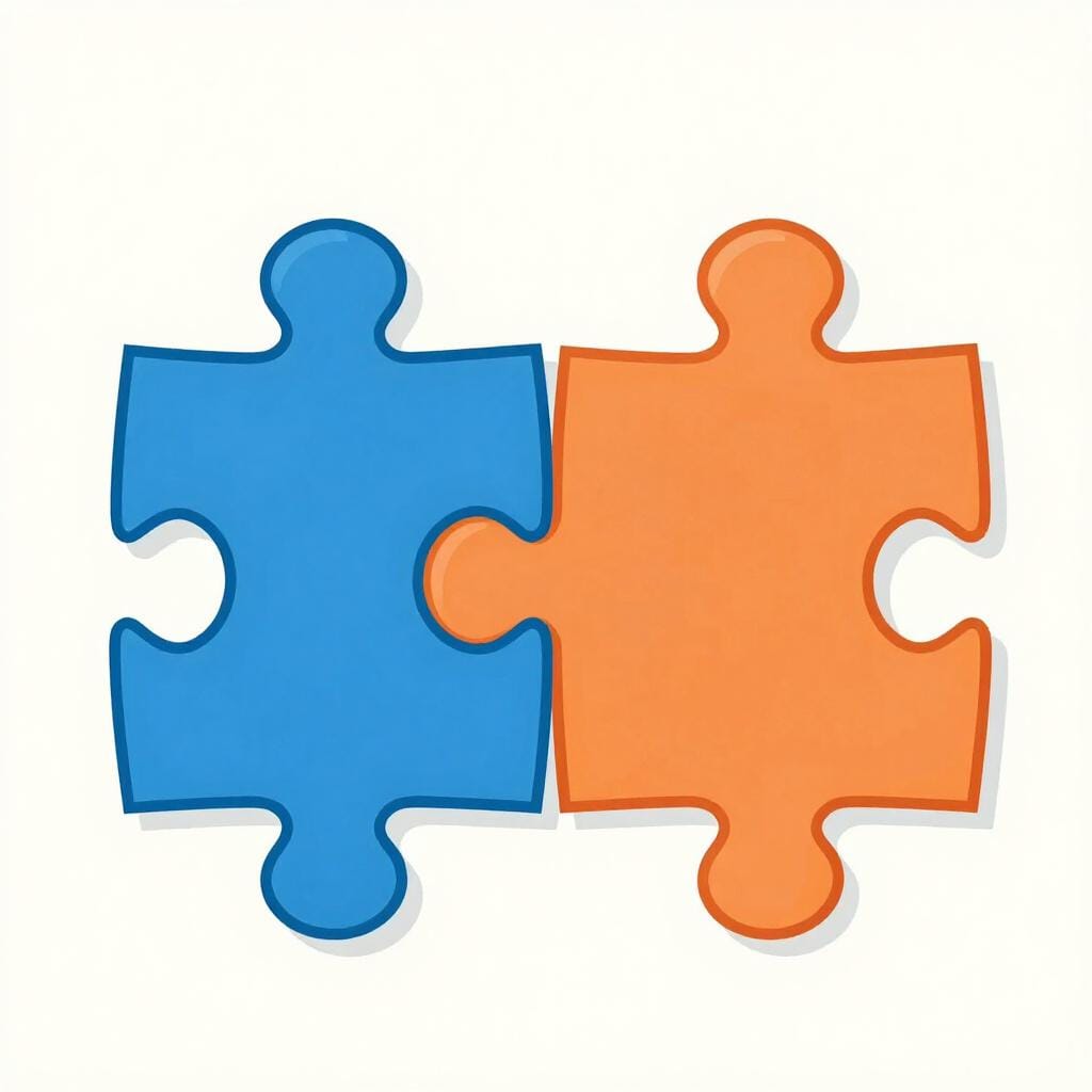 Two puzzle pieces of different colors fitting perfectly together.