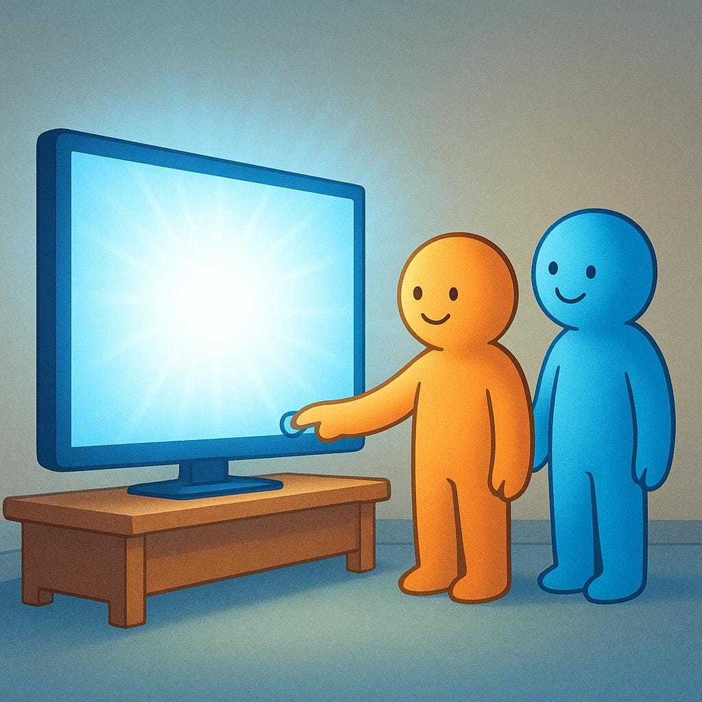 Two simple figures standing next to a large, retro television set. One figure is pressing the power button, and the screen is instantly illuminating with bright blue light.