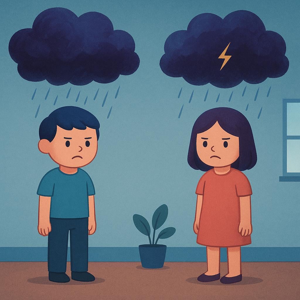 Two cartoon figures standing rigidly far apart in a room, with dark, heavy storm clouds forming above their heads, symbolizing a tense atmosphere.