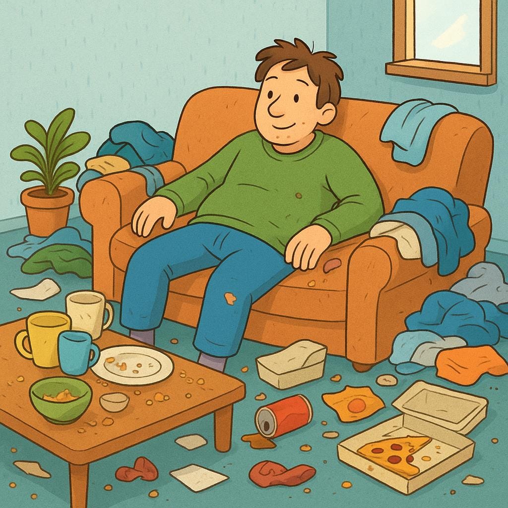 A cartoonishly messy person sitting on a couch completely surrounded by huge piles of clutter, dirty dishes, and discarded wrappers.