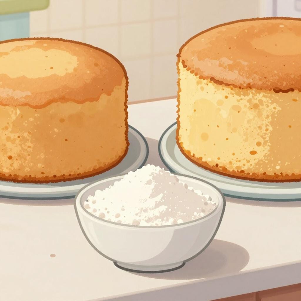 A small white bowl filled with fine white powder next to a fluffy, golden-brown cake.