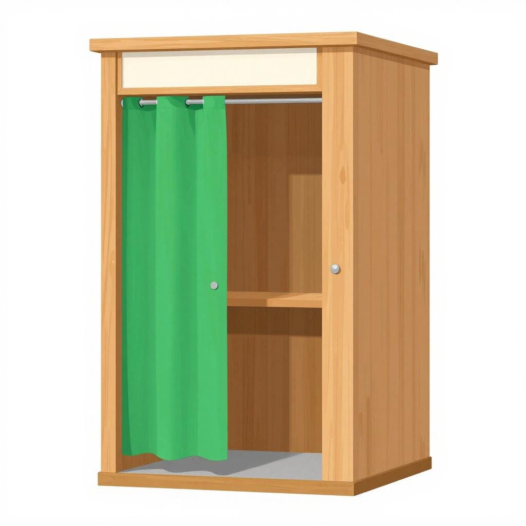 A small private voting booth with a green curtain.