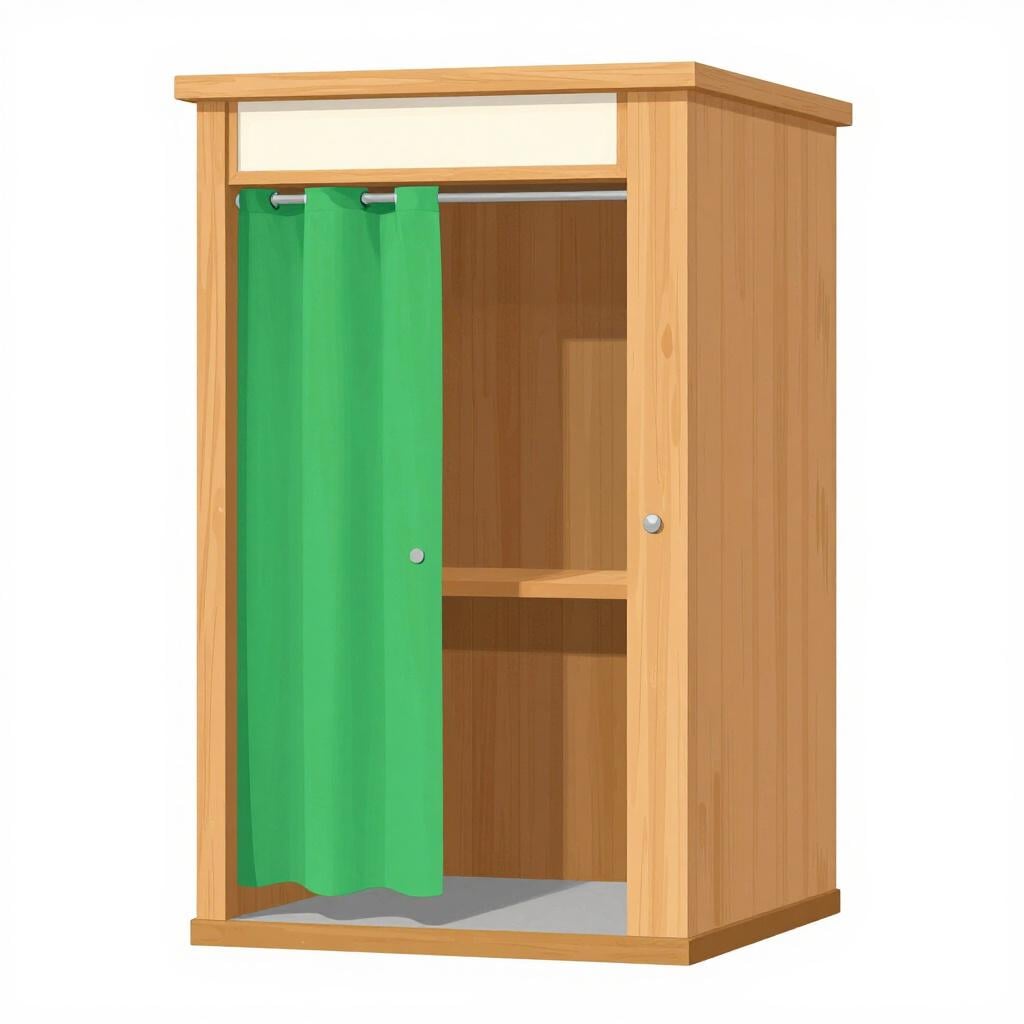 Un petit isoloir privé avec un rideau vert.