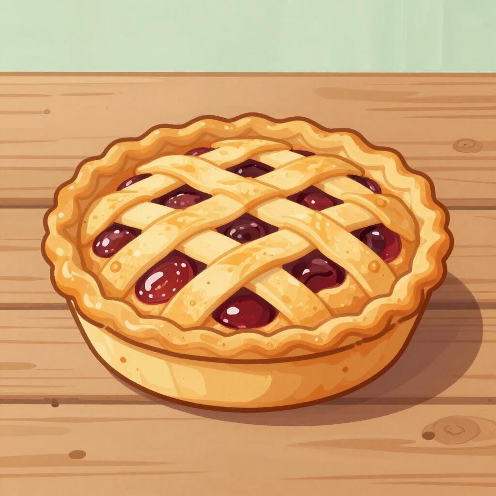 Une tarte aux fruits fraîchement cuite avec une croûte en treillis sur une table en bois.