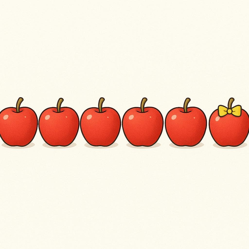 A row of six identical red apples. The sixth apple in the sequence has a small, bright yellow bow tied around its stem, marking its position.