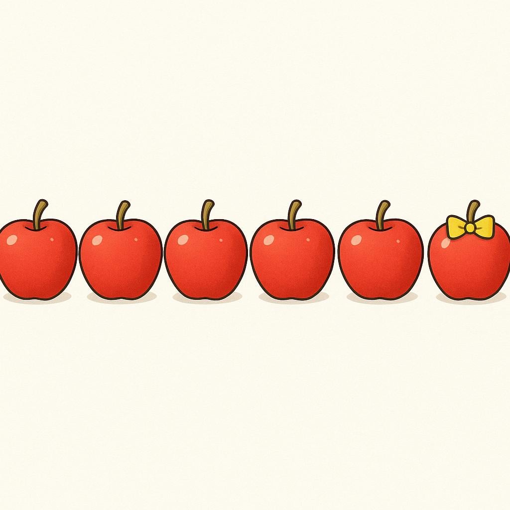 A row of six identical red apples. The sixth apple in the sequence has a small, bright yellow bow tied around its stem, marking its position.