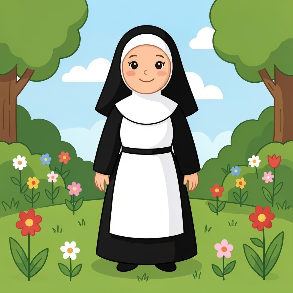 A friendly nun wearing a traditional black and white habit, standing in a peaceful garden.