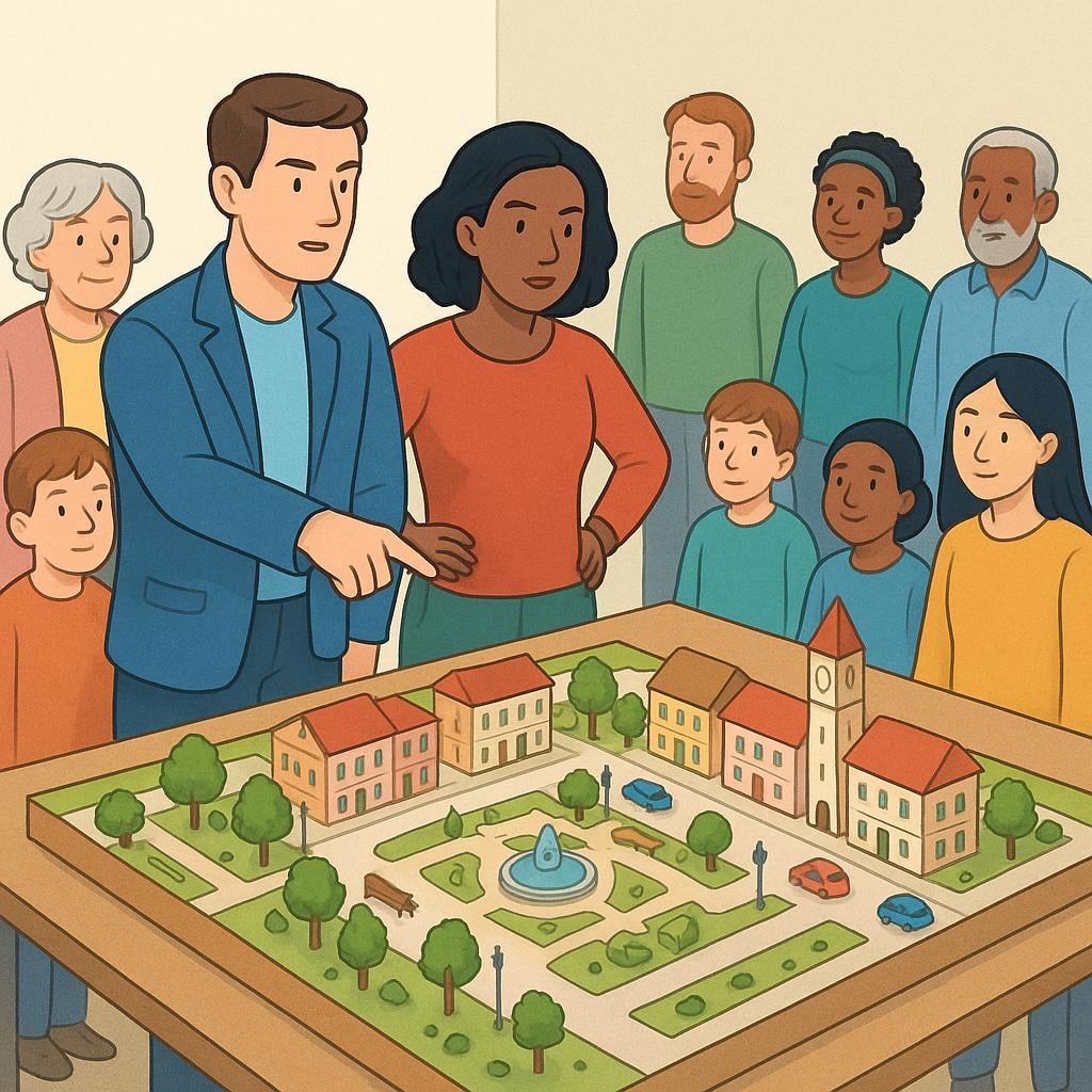 Two project leaders standing confidently at the front of a room, pointing towards a detailed architectural model of a town square while others observe.
