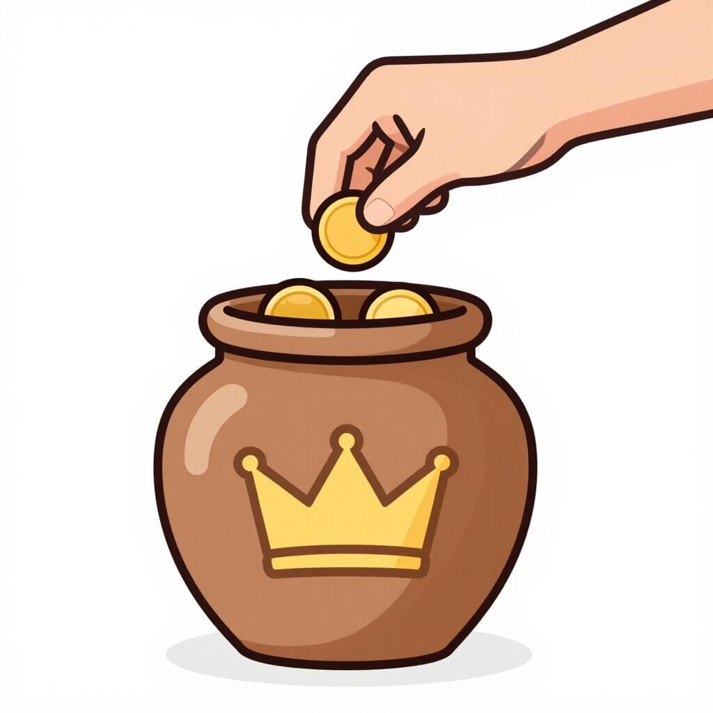 A colorful illustration of a person putting a gold coin into a large jar labeled with a simple crown symbol.