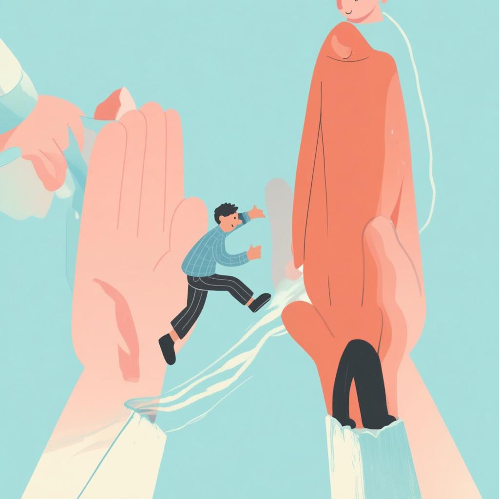 Een klein figuurtje springt vol vertrouwen over een kleine opening naar de grote, ondersteunende en geopende hand van een tweede, groter figuur, wat vertrouwen en geloof symboliseert.