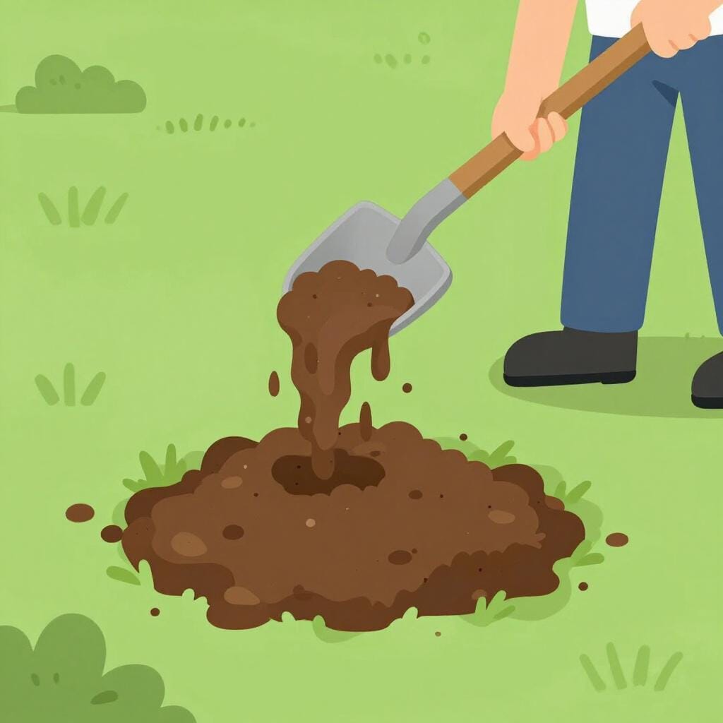 A person using a shovel to fill a hole in the ground with brown dirt.