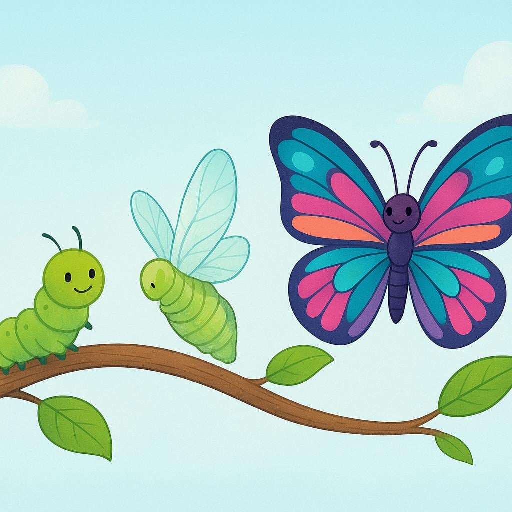 A vibrant storybook illustration showing a green caterpillar mid-transformation into a colorful butterfly.