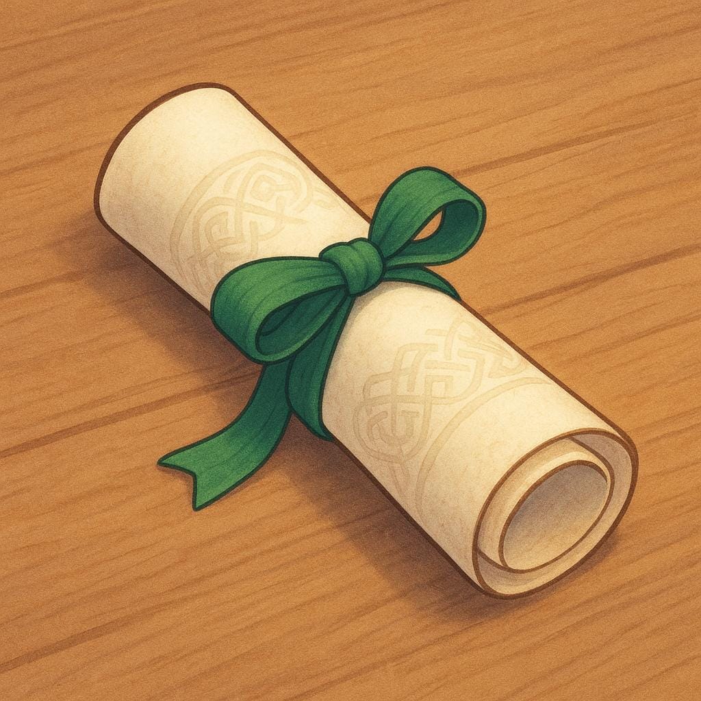 Una semplice illustrazione di una pergamena arrotolata decorata con un sottile motivo a nodo celtico e legata con un nastro verde.
