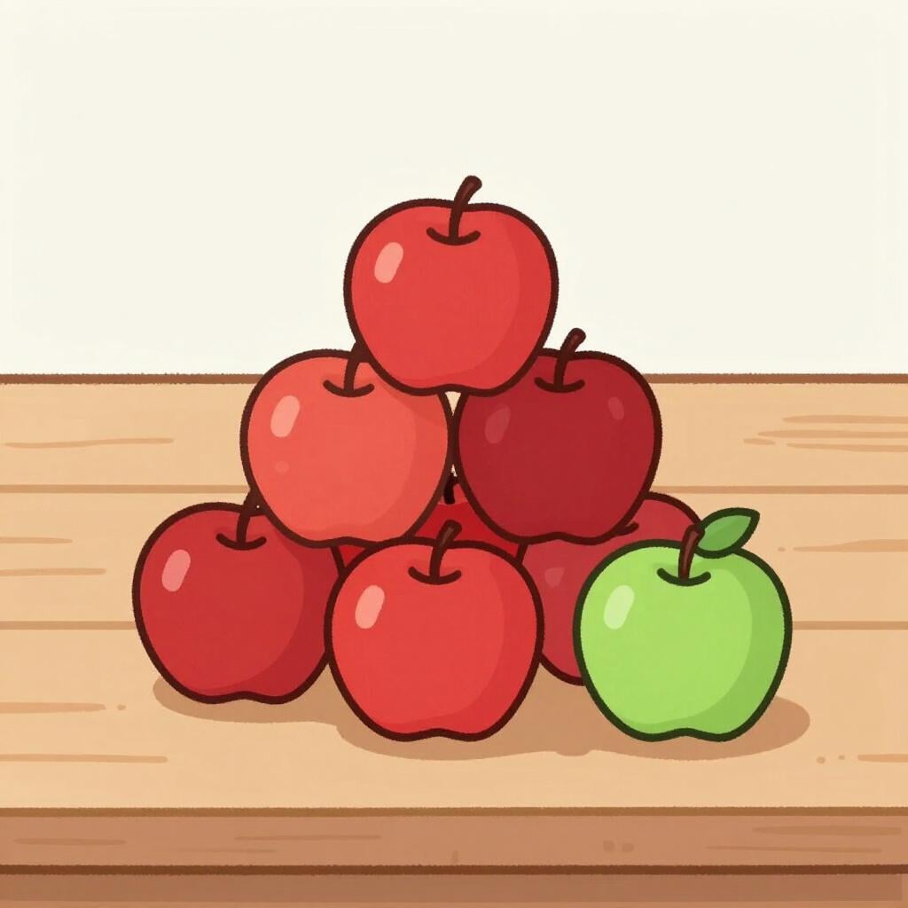 A stack of three red apples with one extra green apple being placed on top.