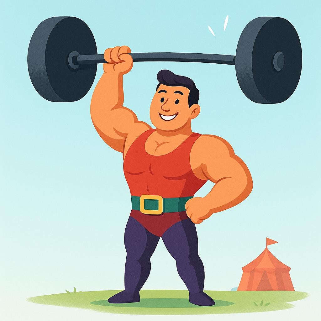 A muscular strongman easily lifting a gigantic barbell above his head with one hand.