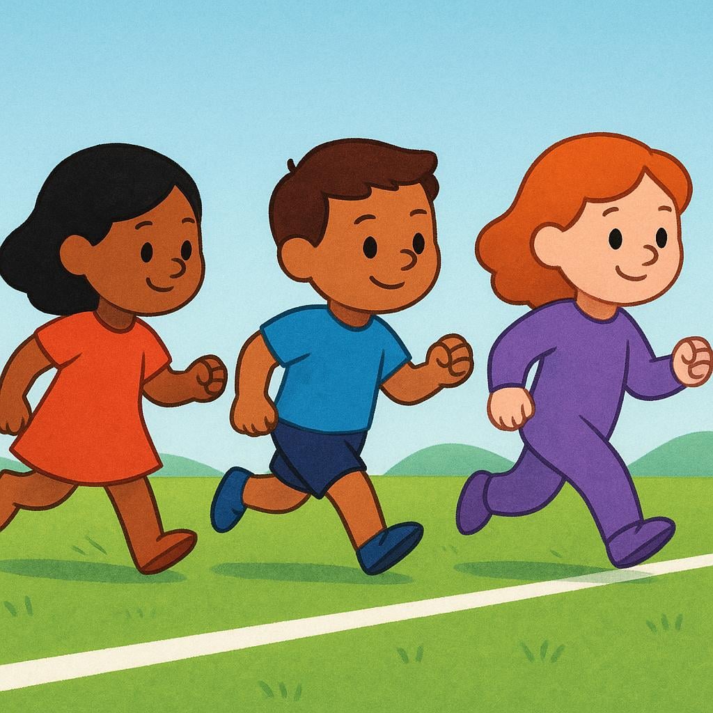 Three colorful, stylized figures simultaneously running forward, having just crossed a white starting line on a grassy track, illustrating the beginning of a group action.