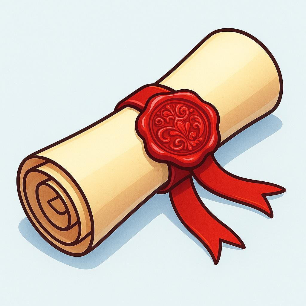 A rolled-up parchment scroll tied with a red ribbon, secured by a large, ornate red wax seal.