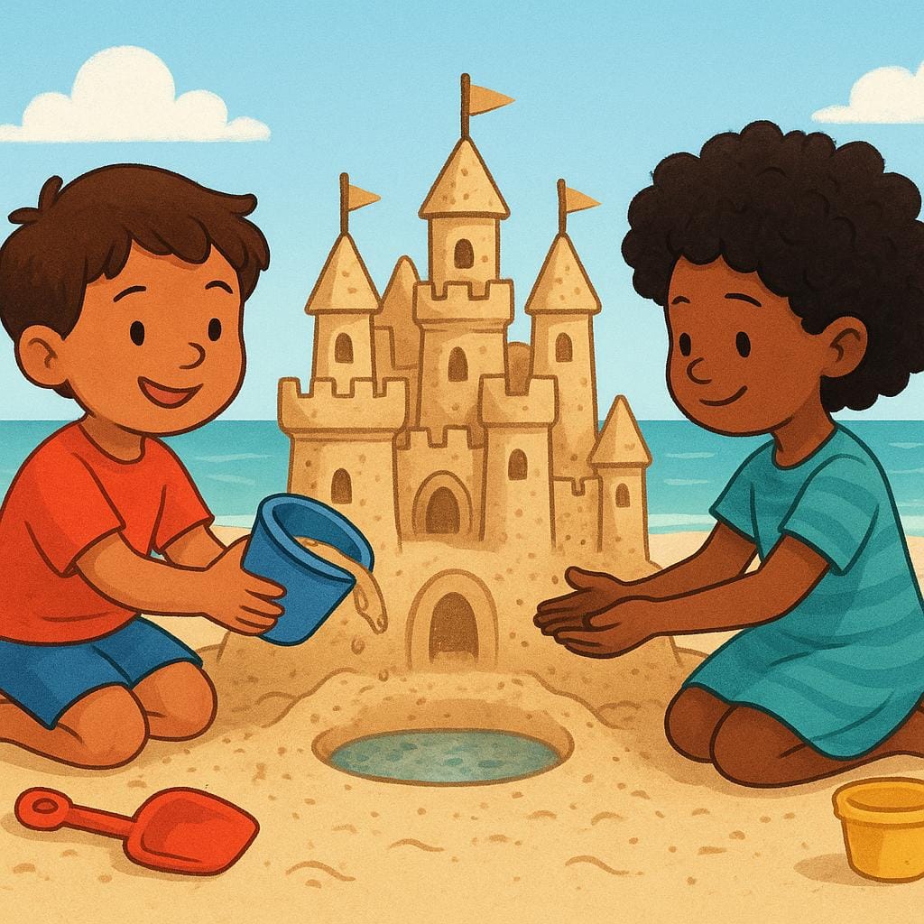 A colorful storybook illustration showing one child passing a bucket of sand to another child who is building a sandcastle, symbolizing aid and assistance.