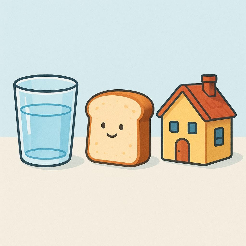 A simple illustration showing essential requirements for life: a glass of clean water, a slice of bread, and a small, cozy house.