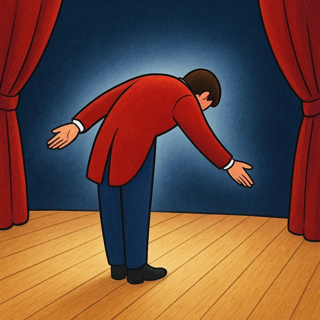 A person dressed in theatrical clothes stands on a stage with a spotlight, bowing deeply.