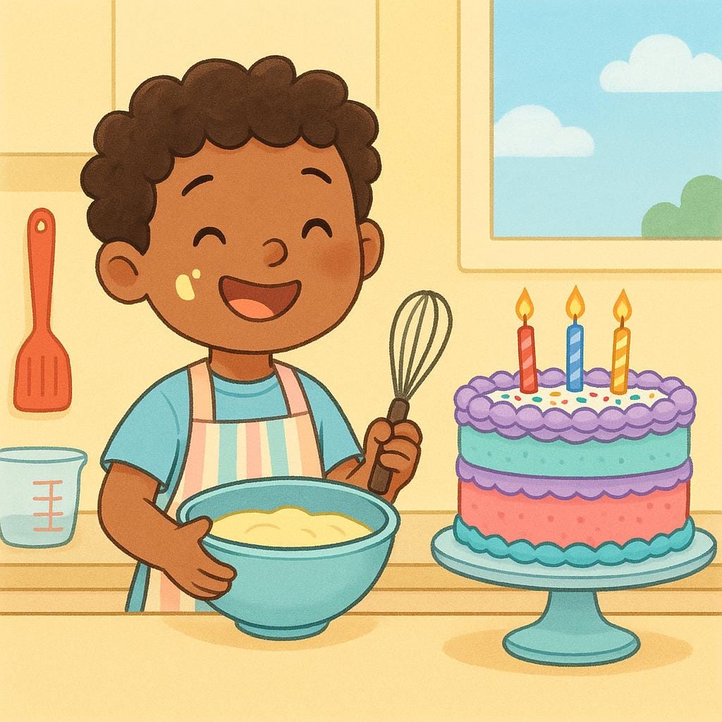 シェフの帽子とエプロンを身に着けた陽気な子供が、大きな泡立て器を持ち、キッチンカウンターに置かれた焼きたての明るいデコレーションケーキを誇らしげに見つめている。