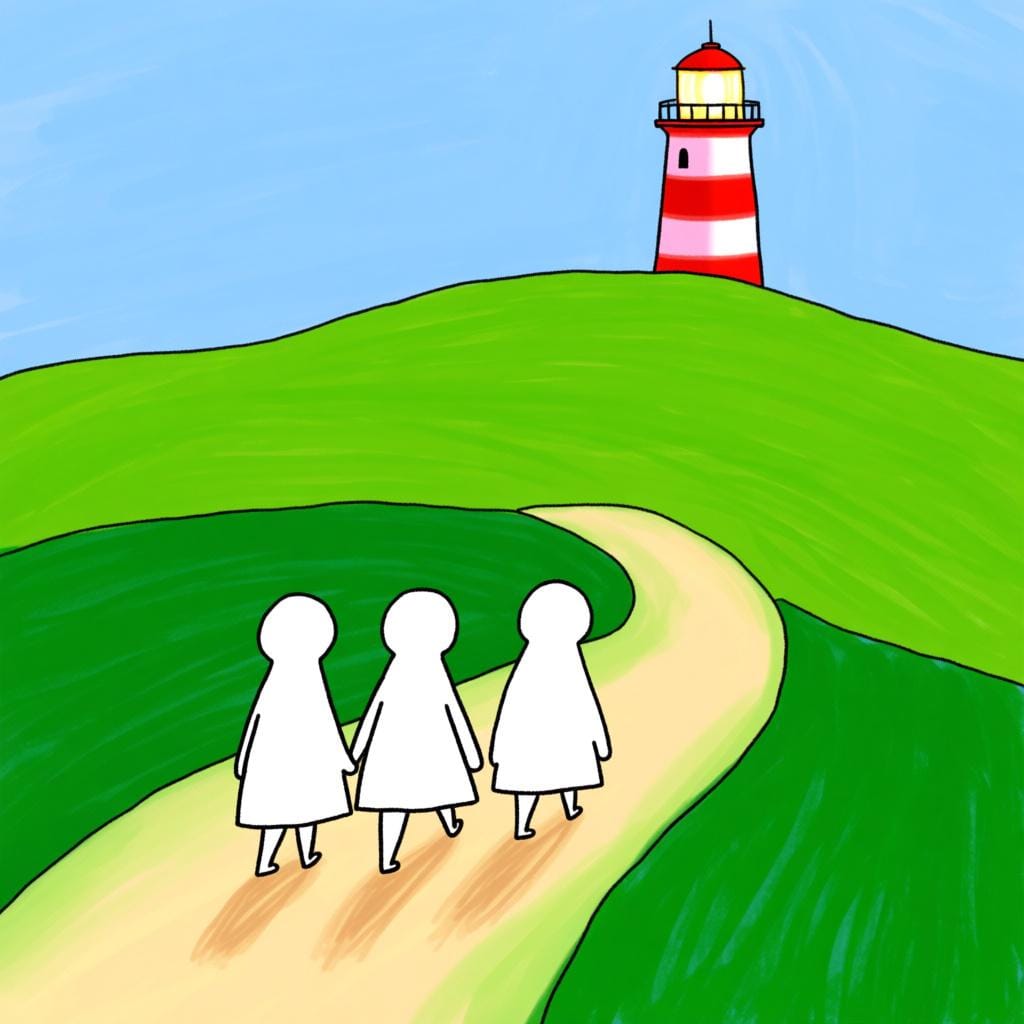 Three stylized figures walking away on a path toward a distant, colorful lighthouse, illustrating movement to a destination.