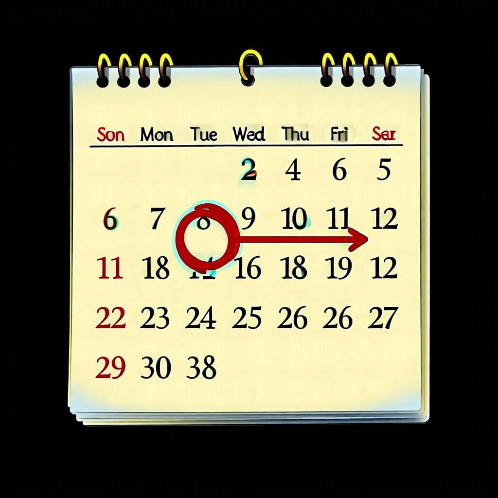 A calendar page with a specific date circled in red and an arrow pointing to it, representing a deadline.