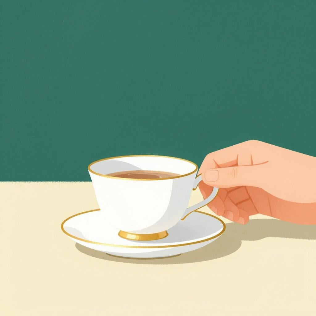 A hand carefully setting a porcelain teacup onto a table.