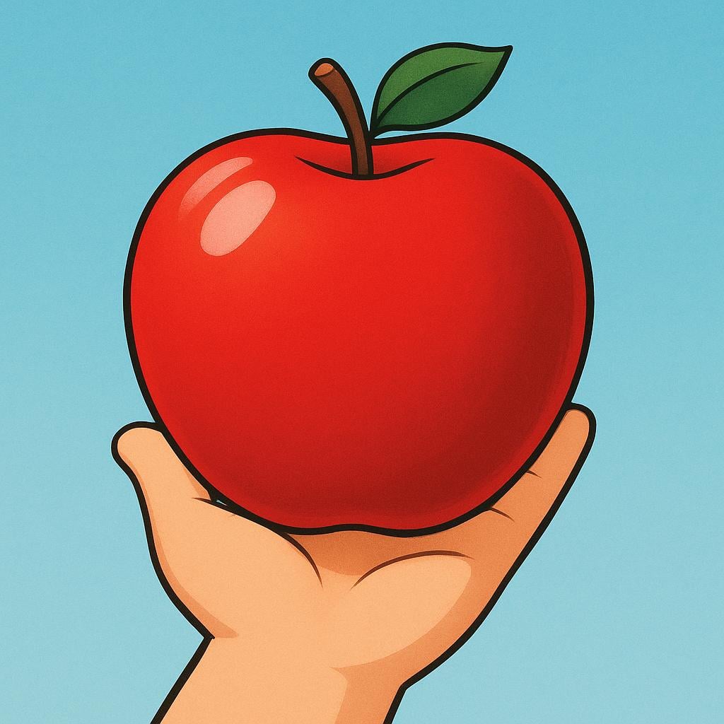 A friendly person holding out a bright red apple in their open palm to show it to someone.