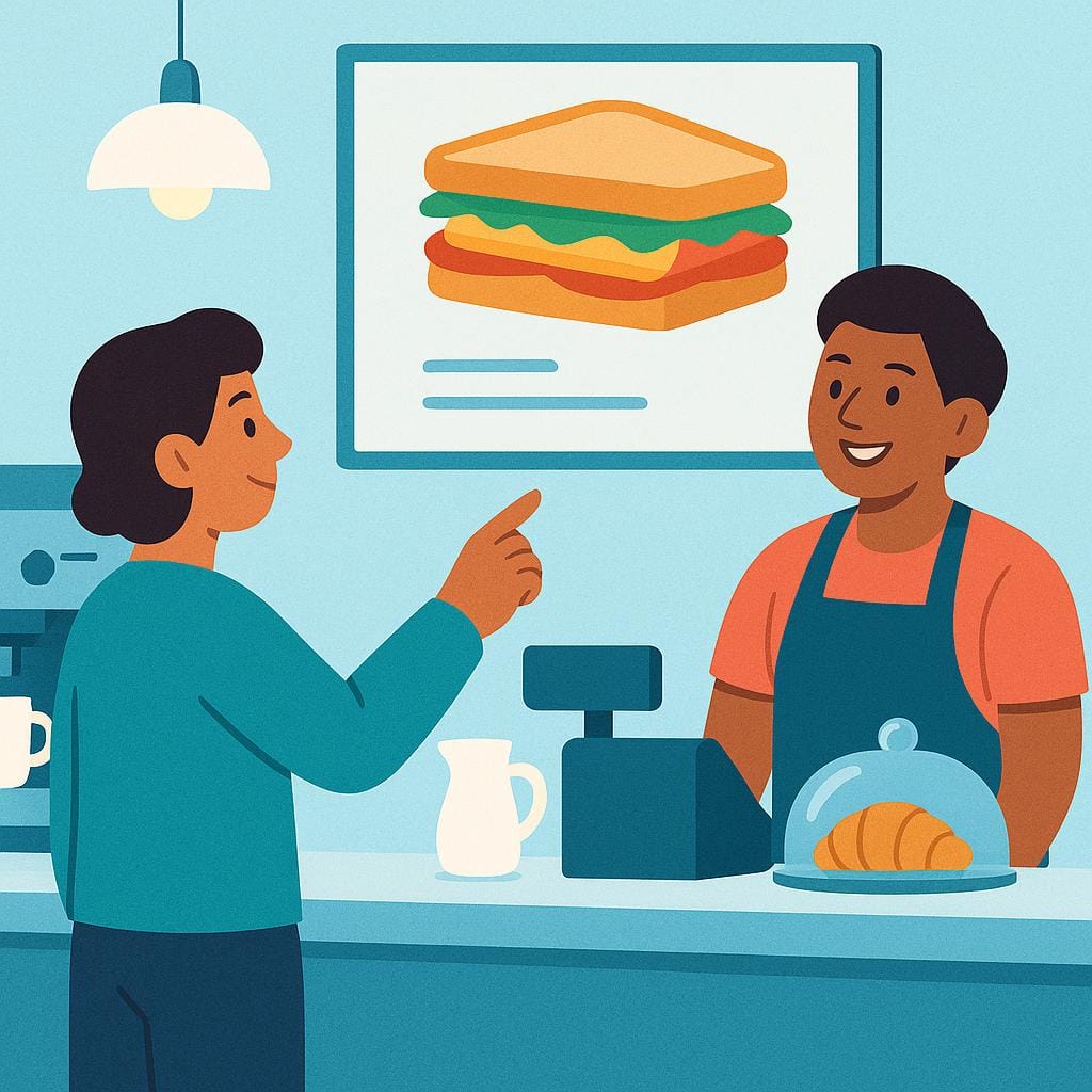 A simple storybook illustration of a person standing at a brightly lit cafe counter, pointing towards a stylized picture of a sandwich on a menu board, indicating they are placing an order.