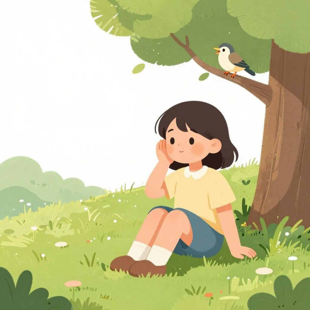 A young girl sitting peacefully with her eyes closed, cupping her hand to her ear to hear the birds singing in a tree.