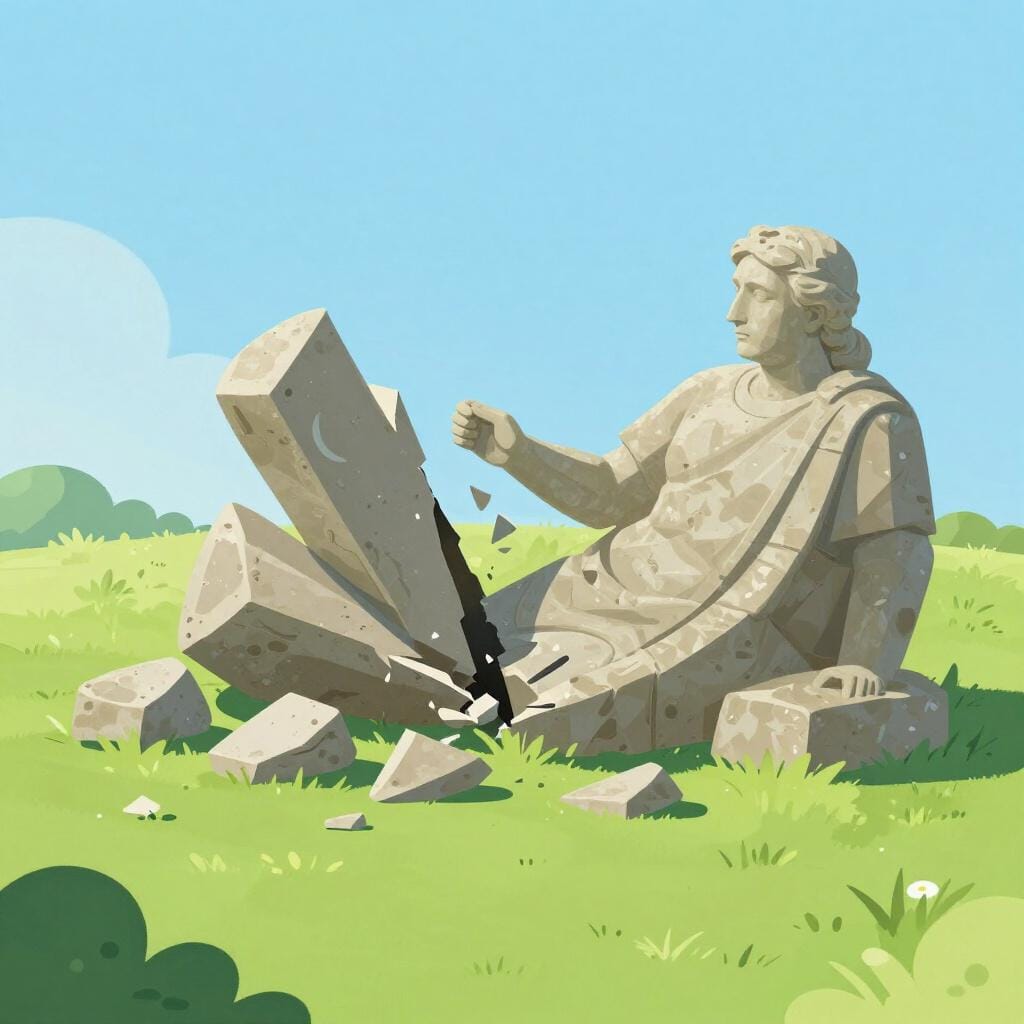 A broken, cracked stone statue lying in the grass.