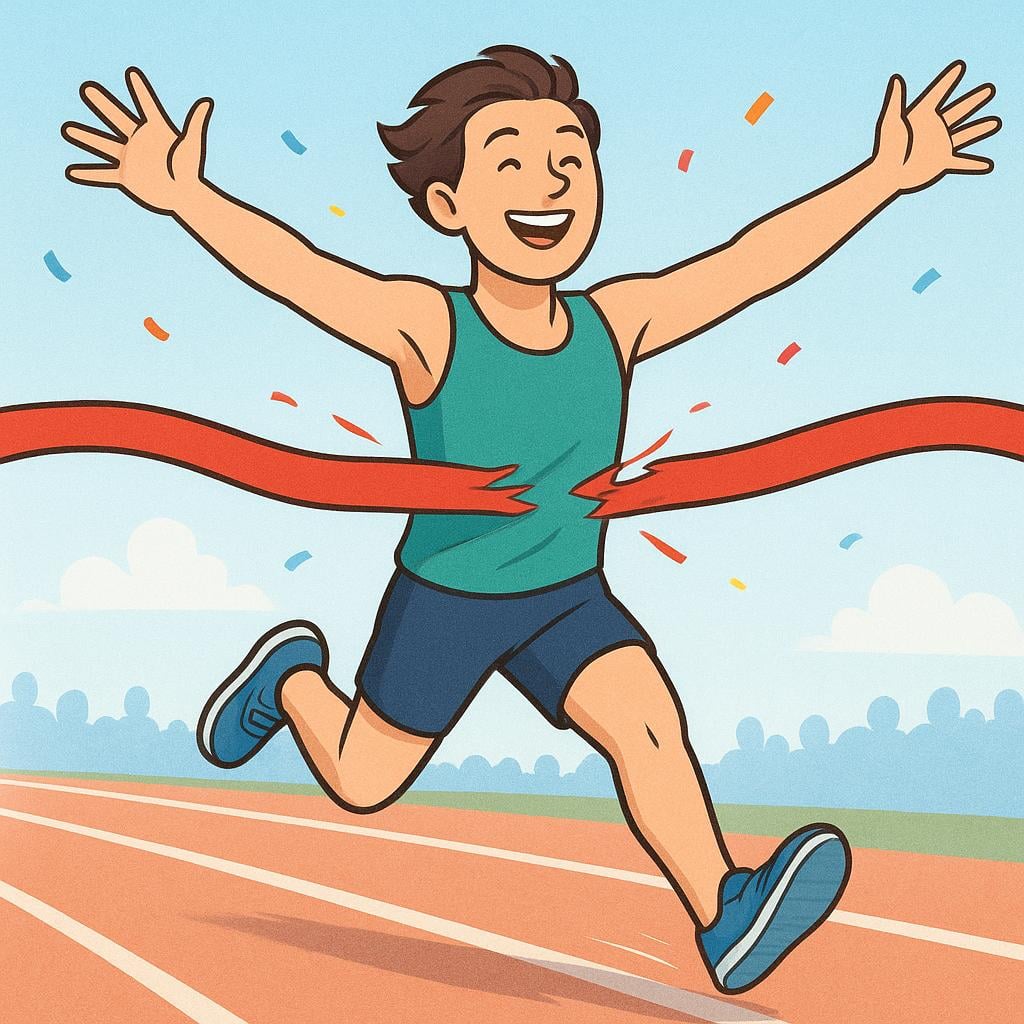 A storybook illustration of a determined runner breaking through a red finish line tape, demonstrating the act of winning a race.