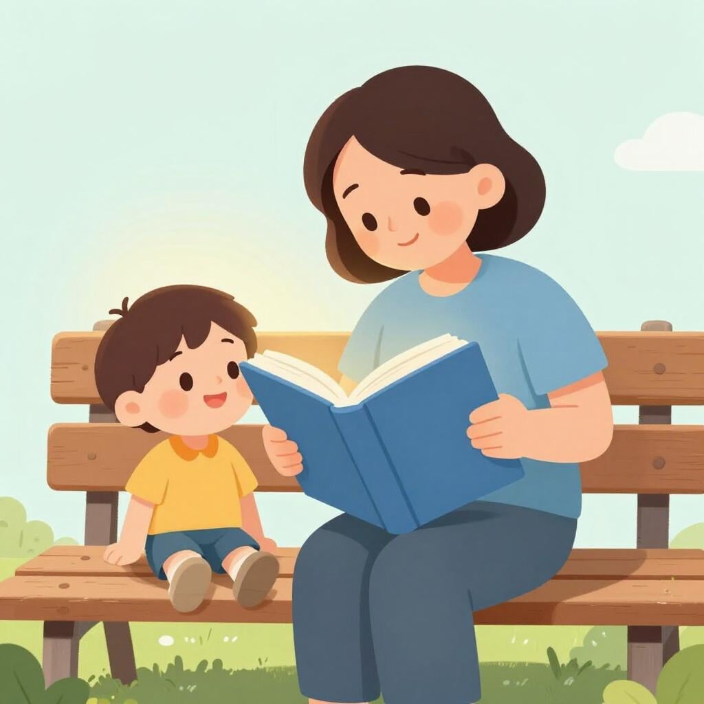 An adult sitting on a bench reading a book to a child who is listening intently.