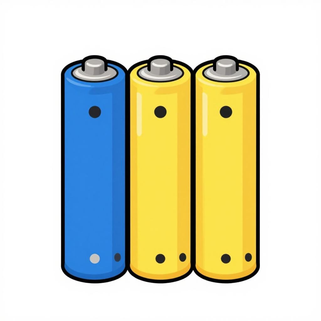 A row of three colorful AA batteries on a plain background.