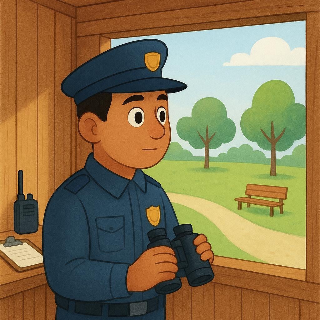 A friendly security guard in a simple blue uniform stands inside a small, stylized lookout booth, peering carefully over a colorful, quiet park below.