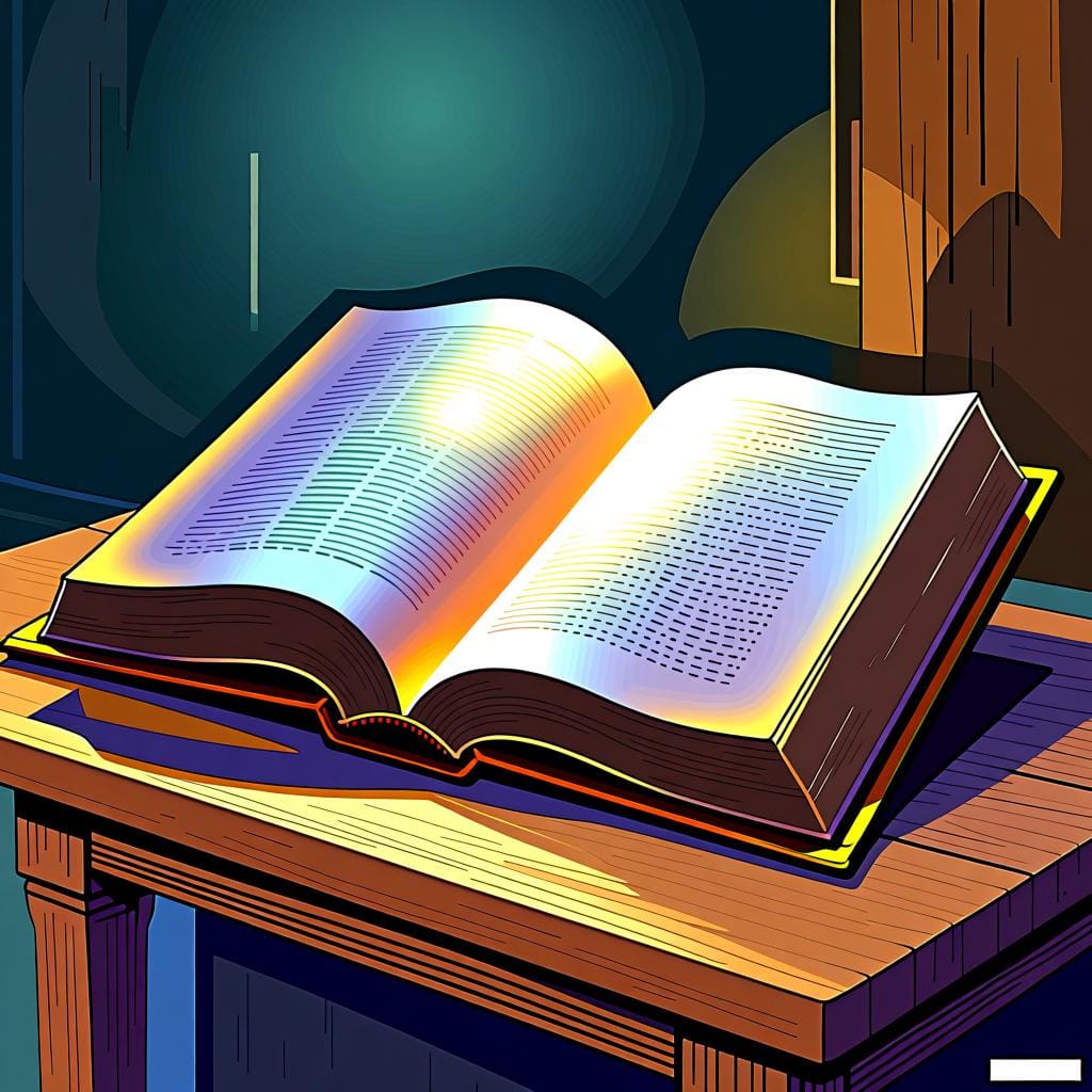 A large, ancient, open book resting on a simple surface. The pages emit a warm, golden glow, symbolizing deep knowledge and wisdom.