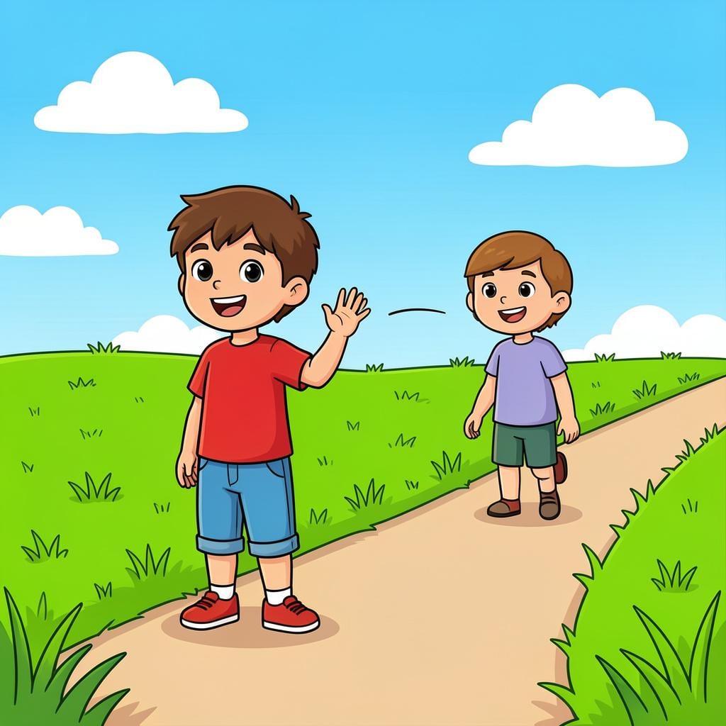 A friendly person gesturing with their hand for someone to follow them up a grassy hill.