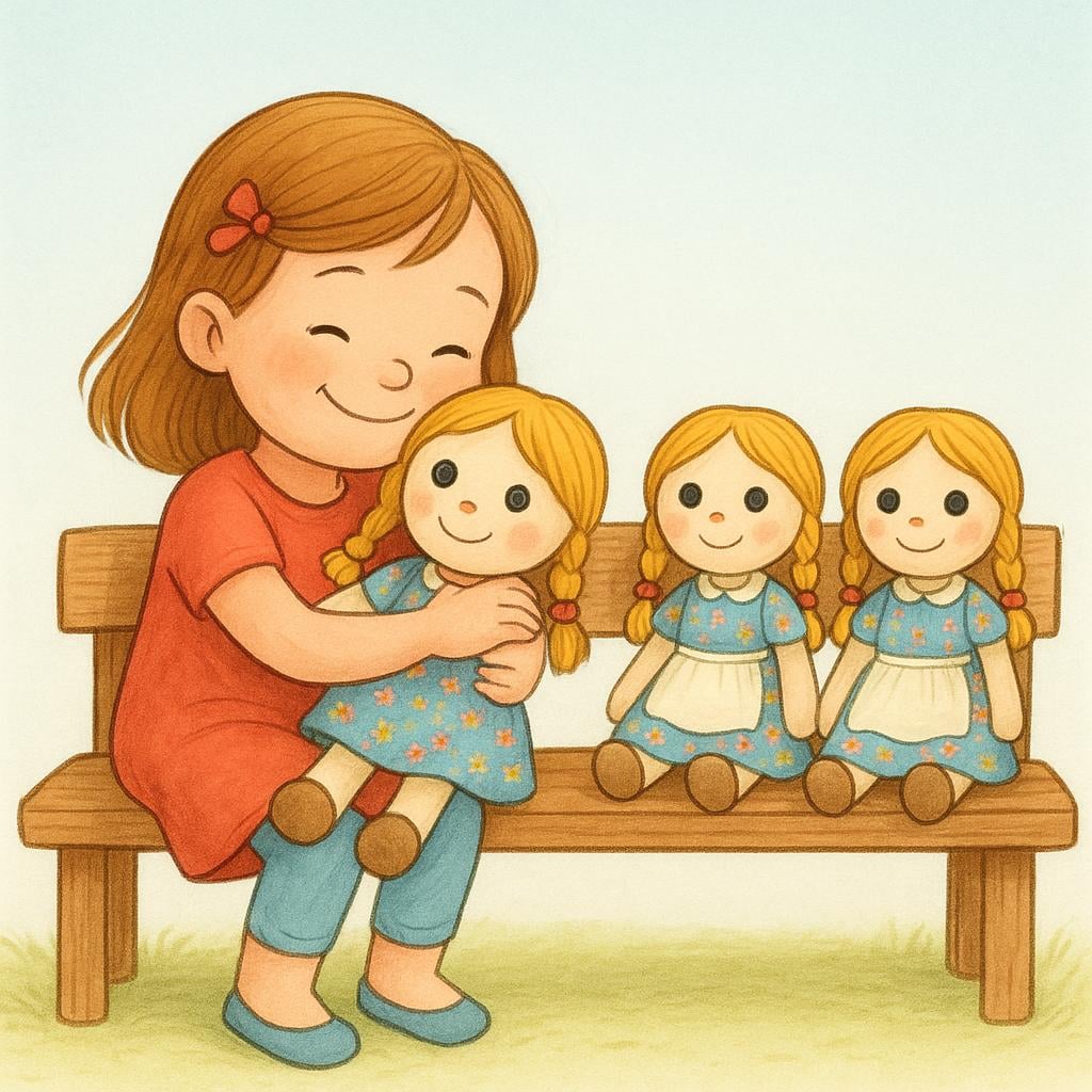 A high quality storybook illustration of a young girl happily hugging a specific rag doll, while two other identical dolls sit untouched on a wooden bench beside her.