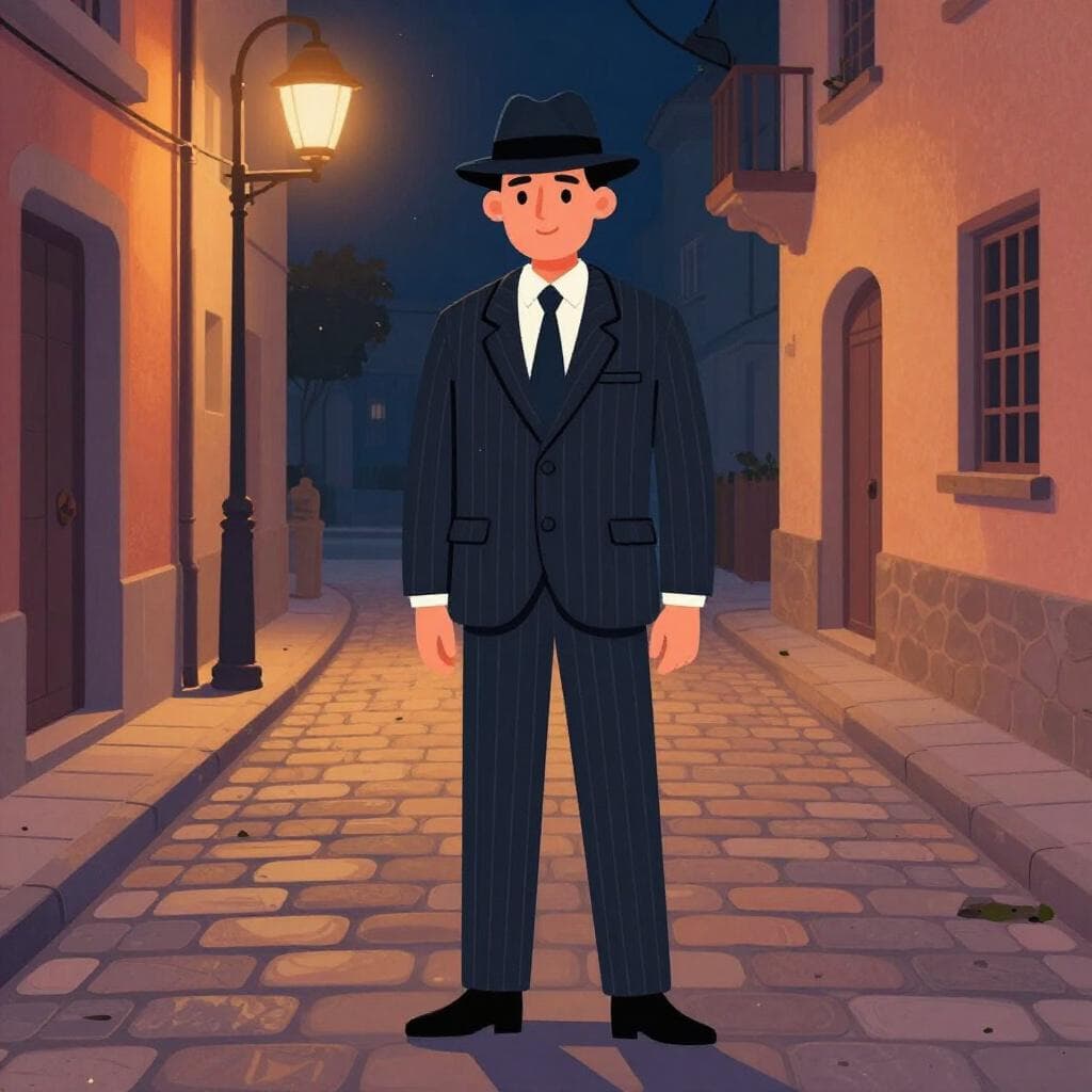 Un homme en costume cintré vintage à rayures et un fedora, debout dans une ruelle sombre de la ville.