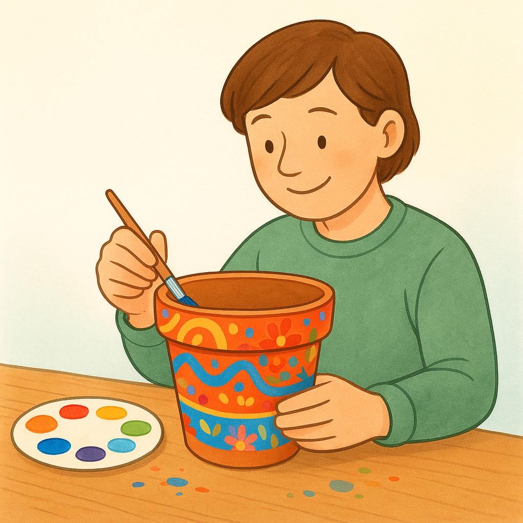 A hand painting a distinct, personalized pattern onto a clay flowerpot, emphasizing unique ownership.