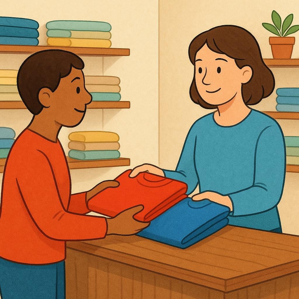 A person handing a red t-shirt over a counter and receiving a blue t-shirt in return.