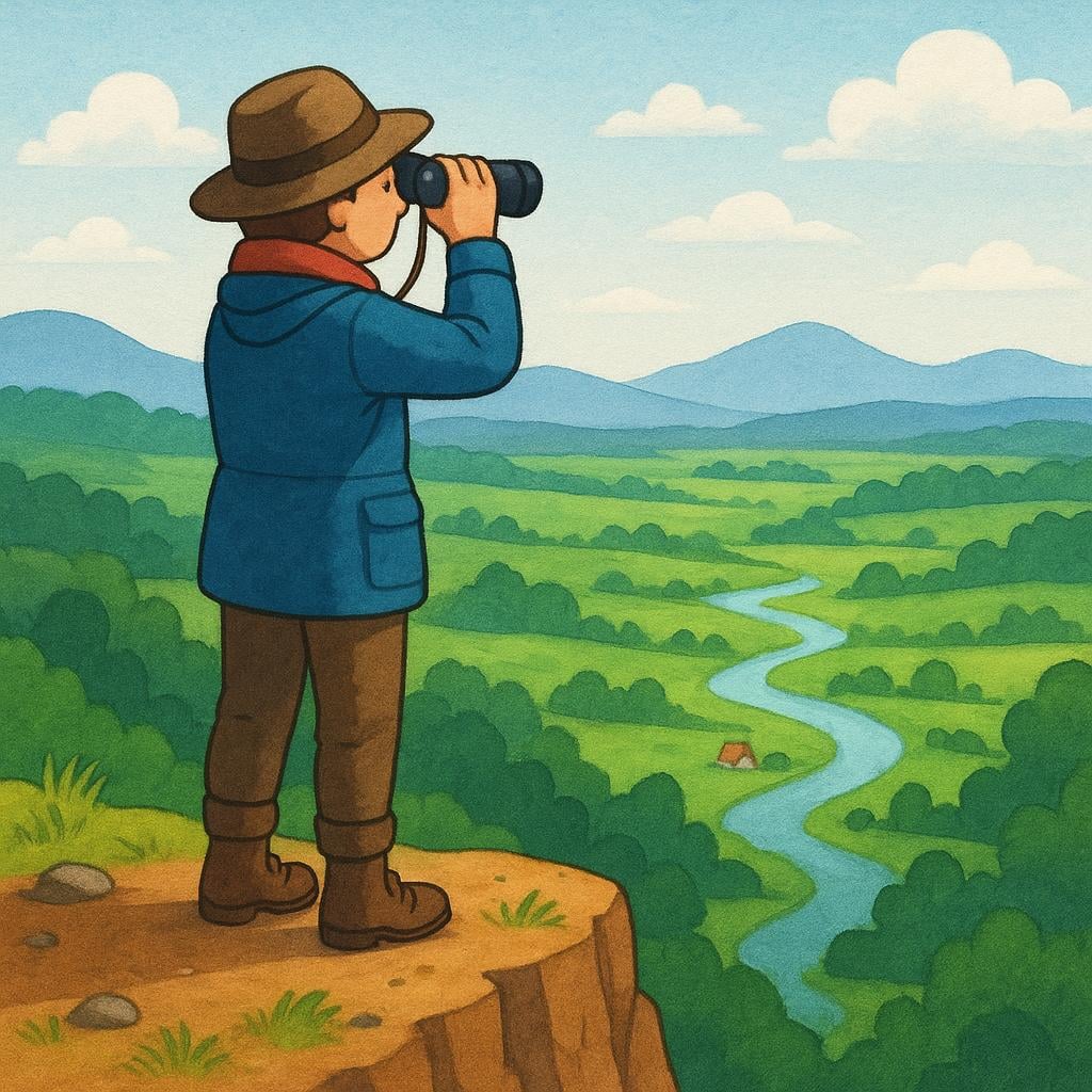 An explorer standing on a high cliff overlooking a vast green valley, holding binoculars and meticulously scanning the landscape.