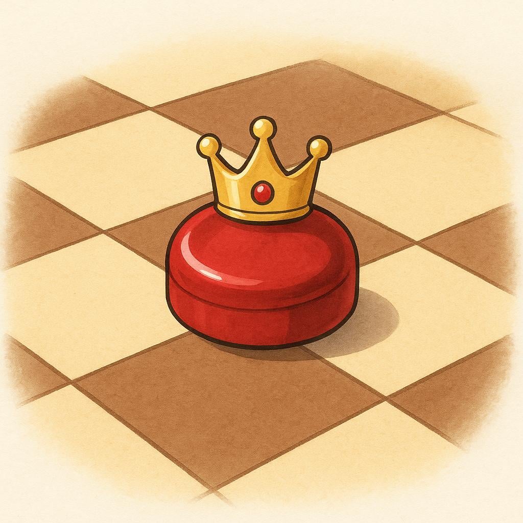 A round red checker piece that has been crowned with a small second piece placed on top of it, sitting on a wooden checkerboard.