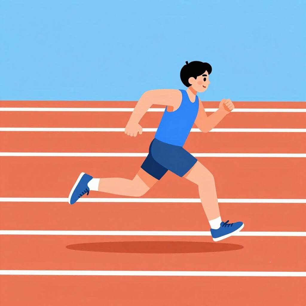 Une personne courant sur une piste d'athlétisme orange vif sous un ciel ensoleillé.