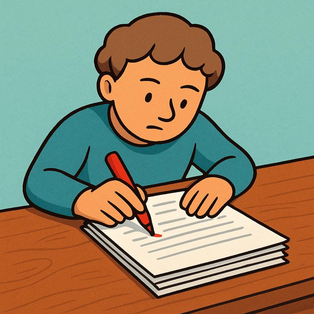 Een geconcentreerd persoon zittend aan een groot houten bureau, die met een rode stift correcties aanbrengt op een grote stapel papieren.