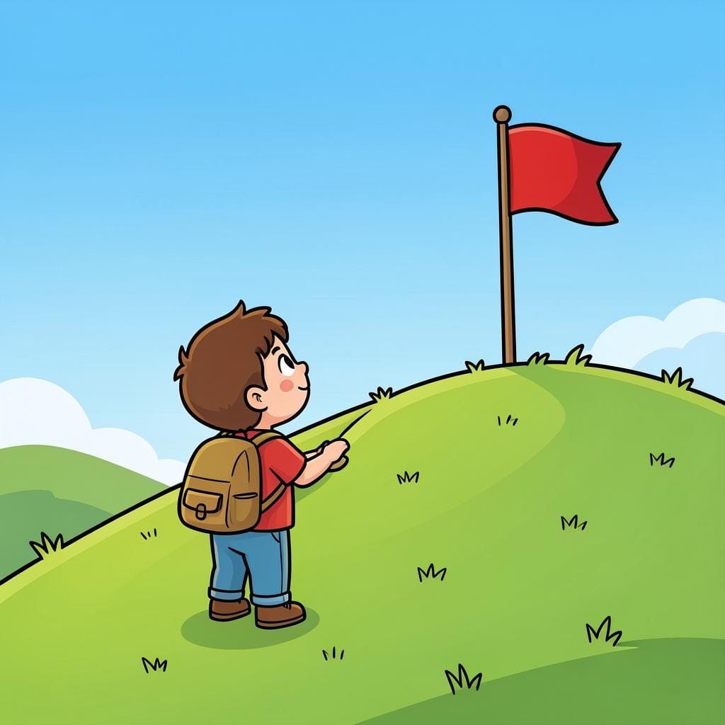 A young child standing at the base of a small hill, looking up at a bright red flag at the top with a determined expression.