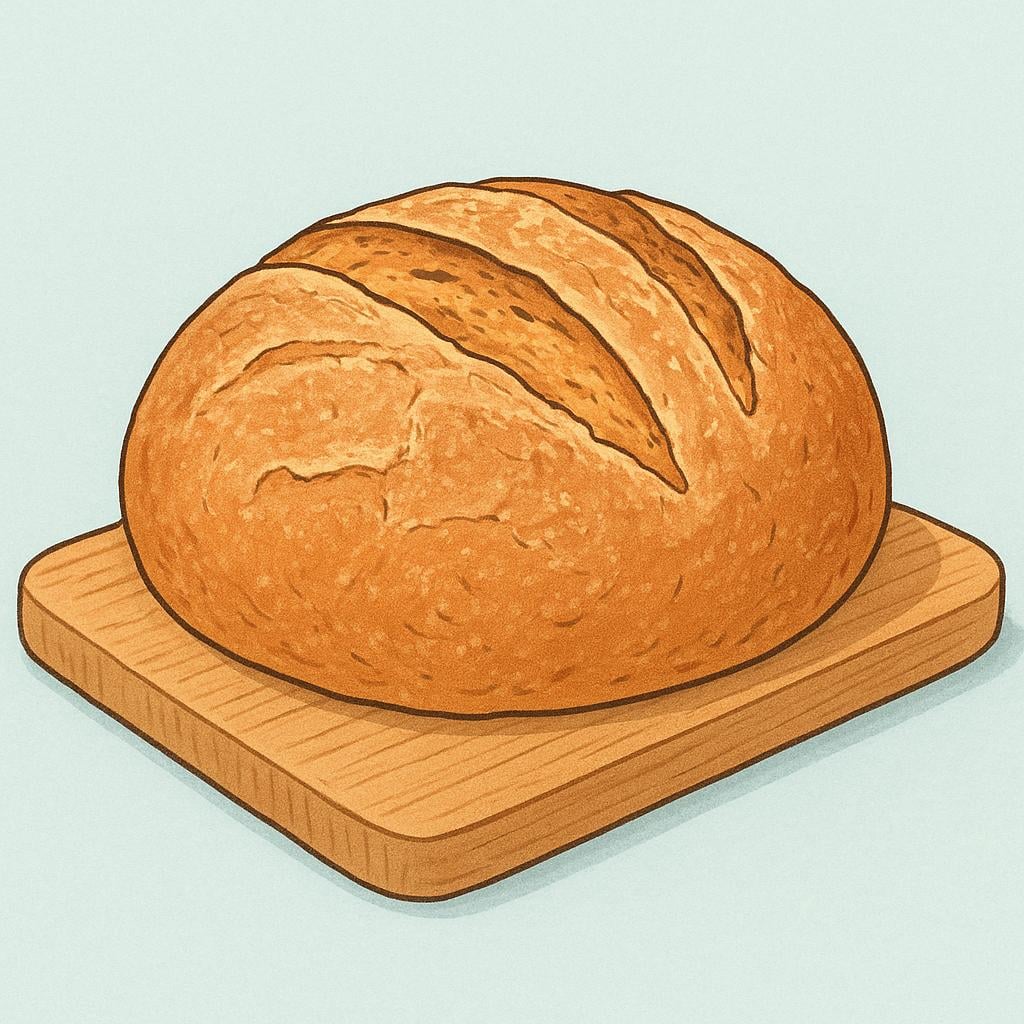 A golden-brown, rustic loaf of bread sitting on a light wooden cutting board.