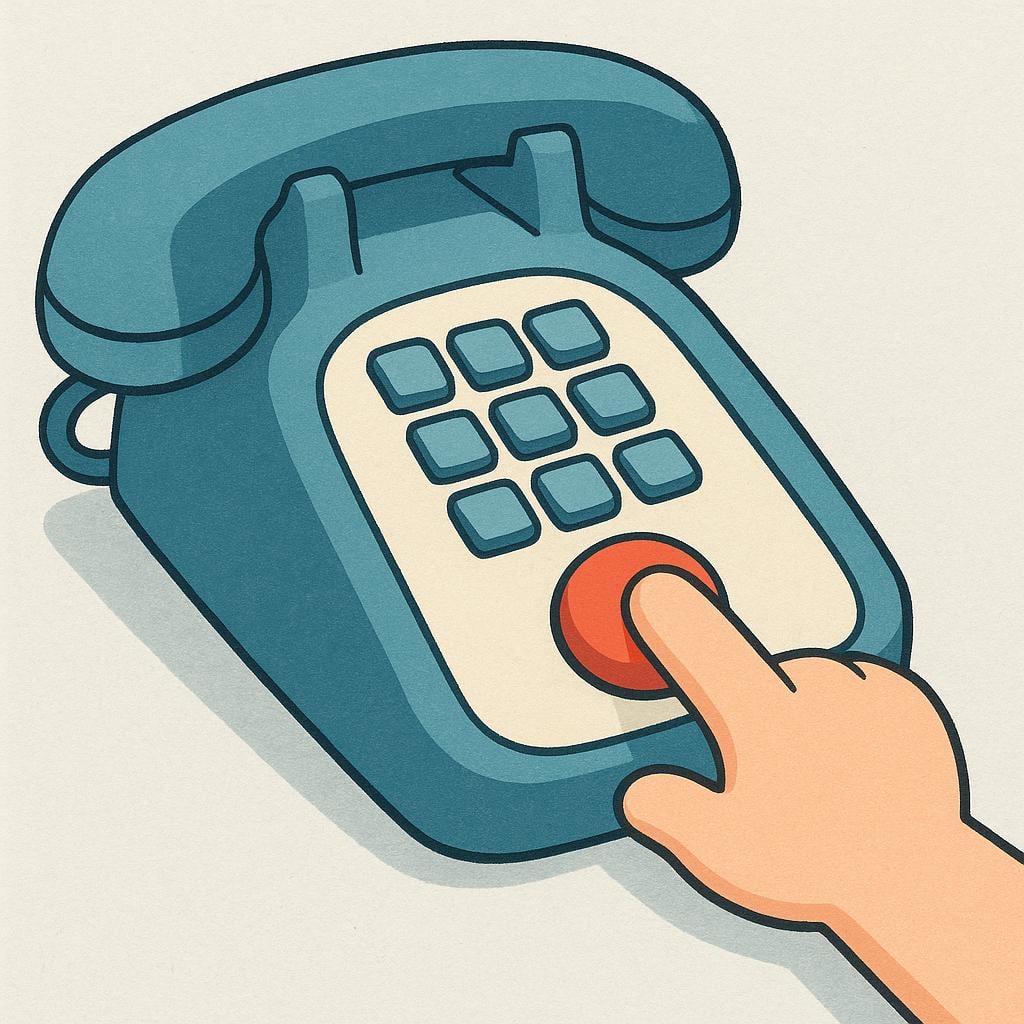 A simple cartoon hand is pressing a large button on a retro, colorful desk telephone.